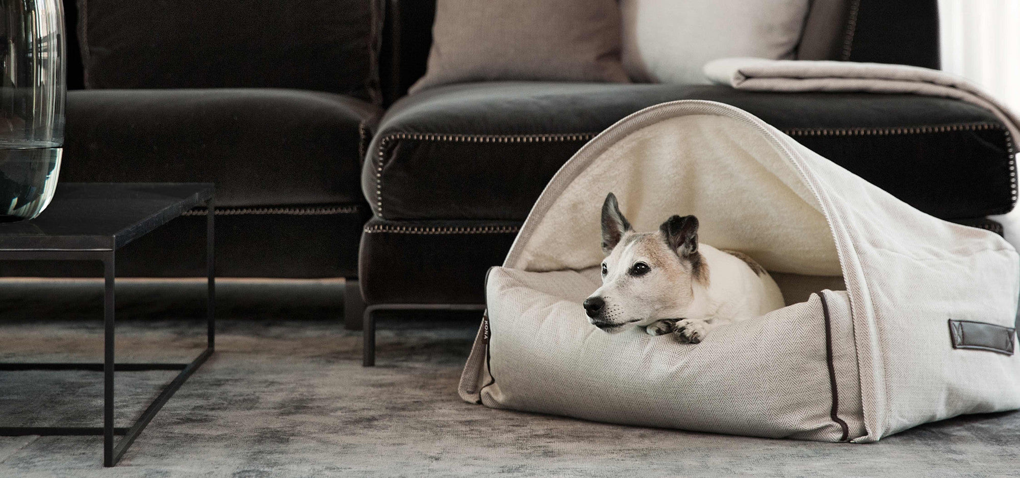 Luxury Cozy Cave Dog Bed in cream herringone with JRT dog. Stylish Italian Living room  with Italian furniture. Elle Decor dog bed.