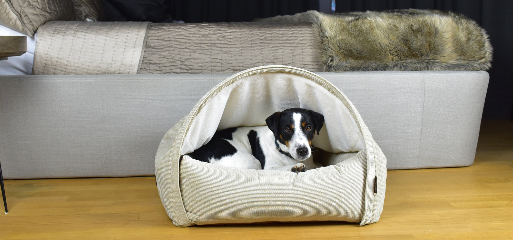 KONA CAVE® luxury cream corduroy cozy cave dog bed with Jack Russell Terrier.  Luxury Italian BnB bed in linen. 