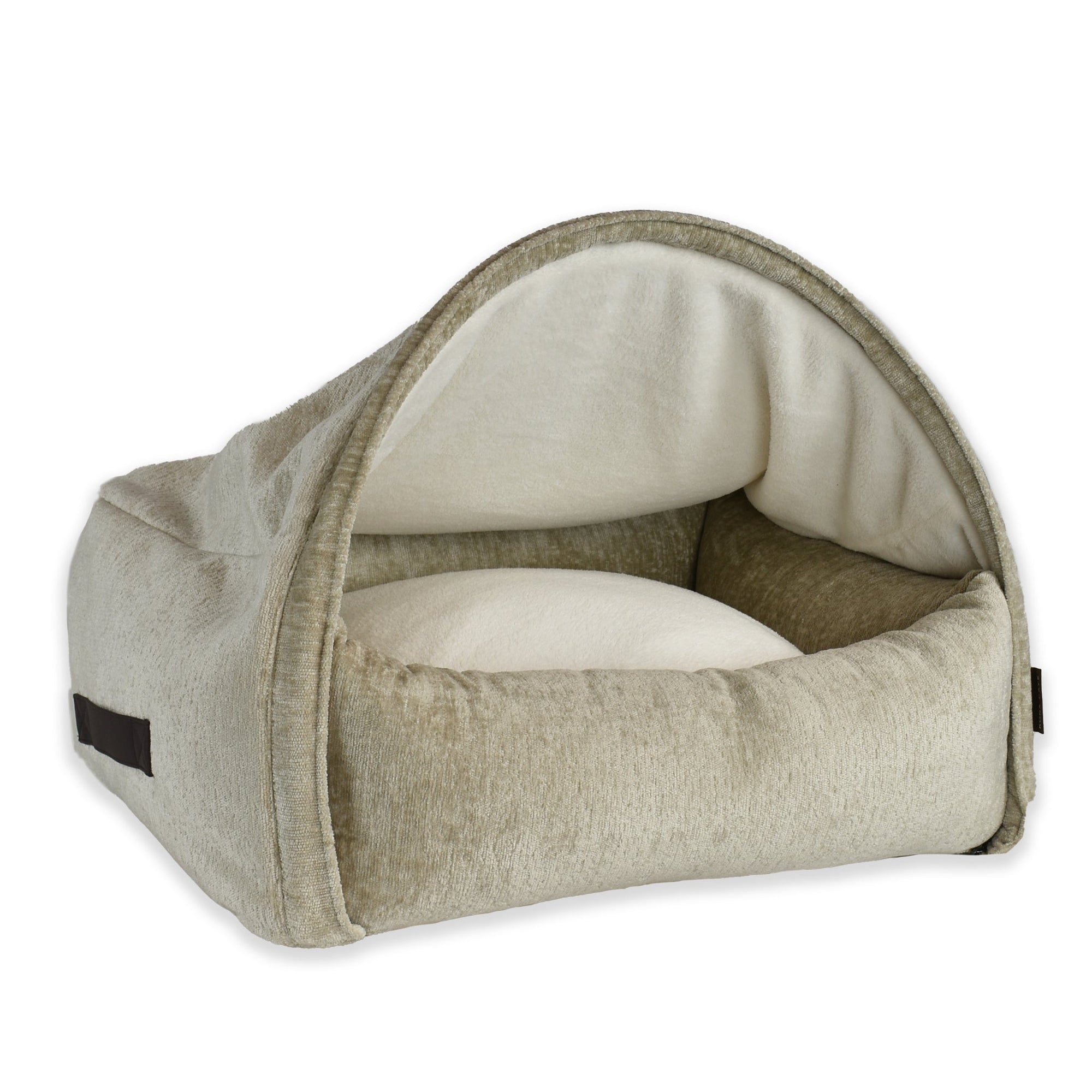 KONA CAVE®  luxury burrow cozy cave cuddle dog bed. Beige Velvet.  Removable canopy cave cover.  Safer than other dog caves. Great for small to big dogs.