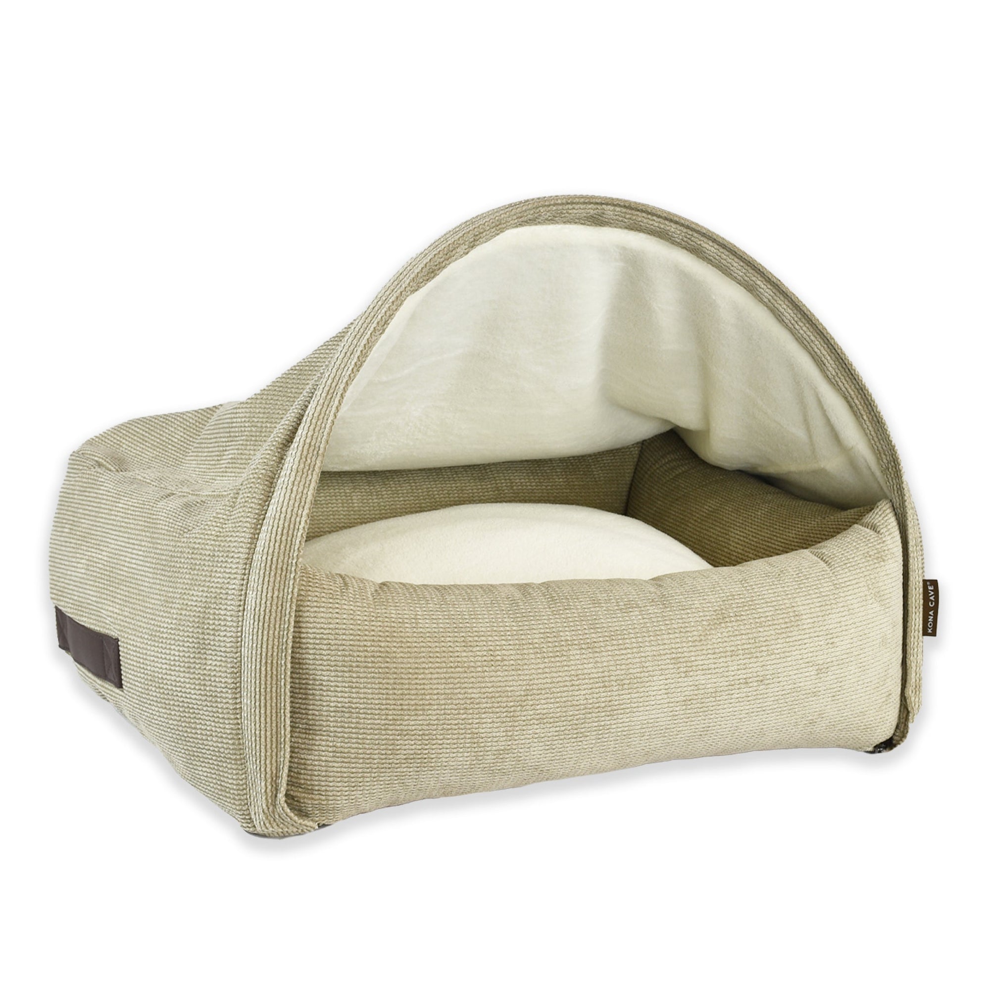 KONA CAVE® luxury brand cozy cave cuddle bed. Tan corduroy burrow bed for dogs and cats with removable canopy cave cover. washable. 