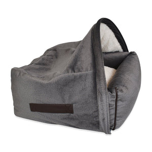 KONA CAVE® Luxury cozy cuddle cave den for burrowing dogs and cats in grey velvet with fluffy fleece lining.  Vegan leather handles and decorative piping on the corners.  Beautiful and high-quality luxury clam bed. 