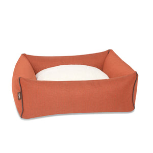 KONA CAVE® designer dog bed in elegant orange herringbone fabric with leather trim.