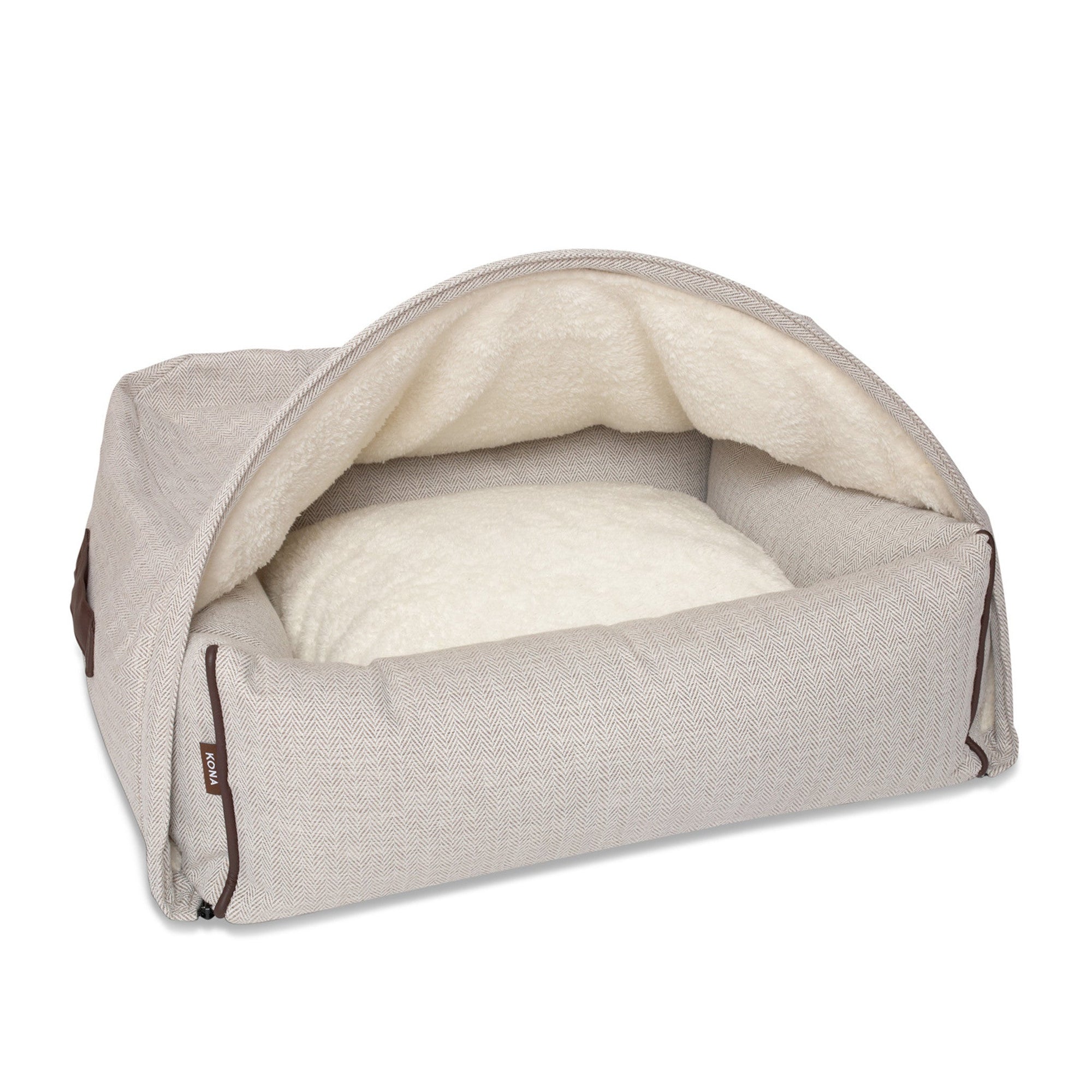 KONA CAVE® designer cozy Cave small dog bed and cat cave bed. Safe. Wont tip over. Luxury fabrics and trim.  Hund Höhlenbett.